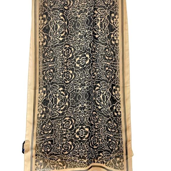 Vintage Floral Scarf Black Tan Wrap Retro Mid Century Mod Lightweight Oblong - Picture 1 of 6